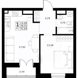 1-к квартира, строящийся дом, 41м2, 15/24 этаж
