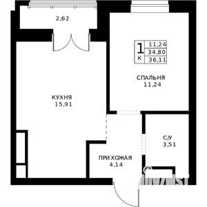 1-к квартира, строящийся дом, 36м2, 22/24 этаж