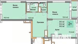 2-к квартира, вторичка, 65м2, 19/25 этаж