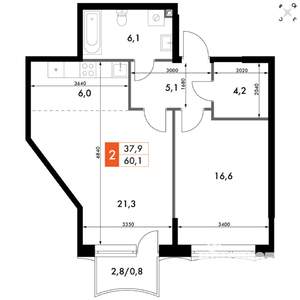 2-к квартира, вторичка, 60м2, 3/10 этаж