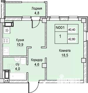 1-к квартира, вторичка, 40м2, 2/12 этаж
