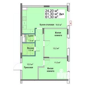 2-к квартира, вторичка, 61м2, 8/12 этаж