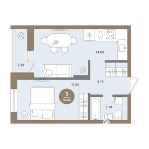 1-к квартира, вторичка, 34м2, 15/18 этаж