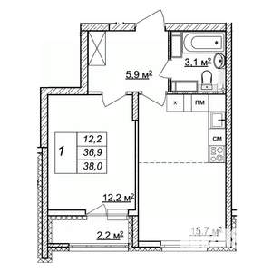 1-к квартира, строящийся дом, 38м2, 22/25 этаж