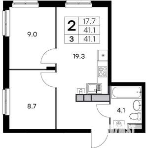 2-к квартира, вторичка, 41м2, 1/4 этаж