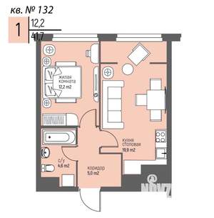 1-к квартира, вторичка, 42м2, 12/25 этаж
