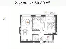 2-к квартира, вторичка, 60м2, 4/4 этаж