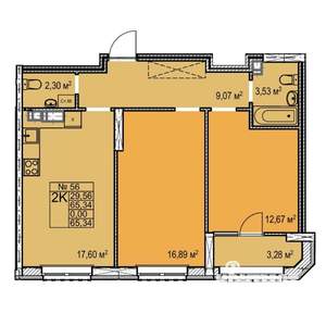 2-к квартира, строящийся дом, 65м2, 8/17 этаж