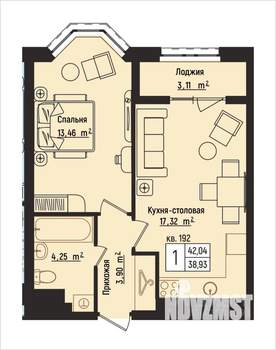 1-к квартира, вторичка, 42м2, 9/15 этаж