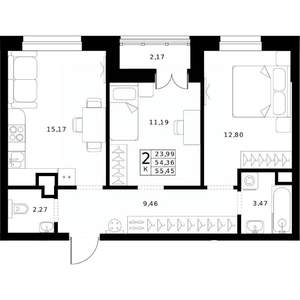 2-к квартира, строящийся дом, 55м2, 7/24 этаж