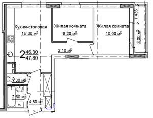 2-к квартира, строящийся дом, 48м2, 16/18 этаж