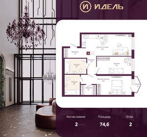 2-к квартира, вторичка, 75м2, 2/19 этаж