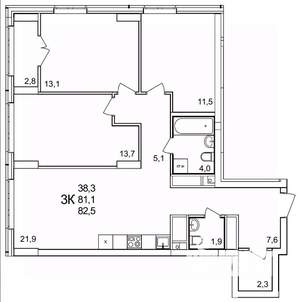3-к квартира, строящийся дом, 83м2, 23/25 этаж