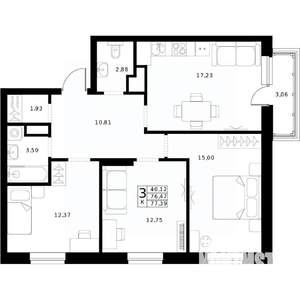3-к квартира, строящийся дом, 77м2, 14/24 этаж