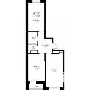 2-к квартира, строящийся дом, 62м2, 19/24 этаж