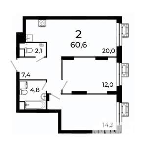 2-к квартира, вторичка, 61м2, 4/19 этаж