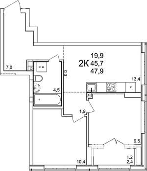 2-к квартира, вторичка, 48м2, 2/25 этаж