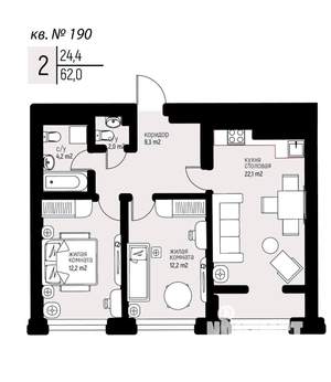 2-к квартира, вторичка, 62м2, 18/25 этаж