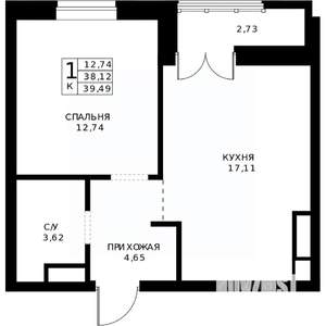 1-к квартира, вторичка, 39м2, 17/24 этаж