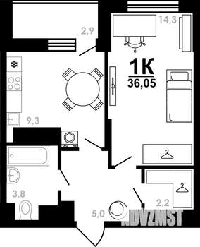 1-к квартира, вторичка, 36м2, 18/25 этаж