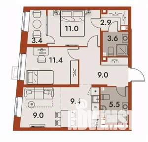 3-к квартира, строящийся дом, 65м2, 16/25 этаж