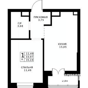 1-к квартира, строящийся дом, 35м2, 10/24 этаж