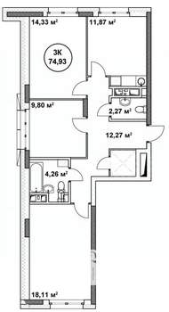3-к квартира, строящийся дом, 75м2, 19/22 этаж