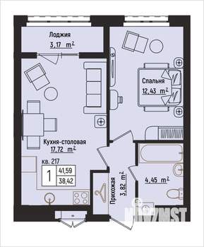 1-к квартира, вторичка, 42м2, 12/15 этаж