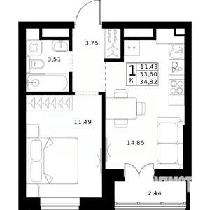 1-к квартира, строящийся дом, 35м2, 19/24 этаж