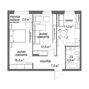 2-к квартира, строящийся дом, 58м2, 2/9 этаж