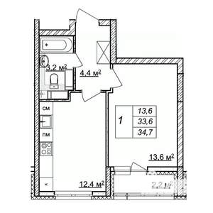 1-к квартира, строящийся дом, 35м2, 24/25 этаж