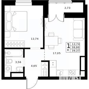 1-к квартира, строящийся дом, 39м2, 20/24 этаж