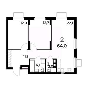 2-к квартира, вторичка, 64м2, 13/15 этаж