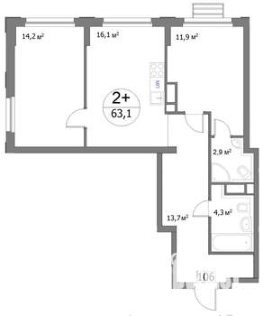 2-к квартира, строящийся дом, 63м2, 13/22 этаж