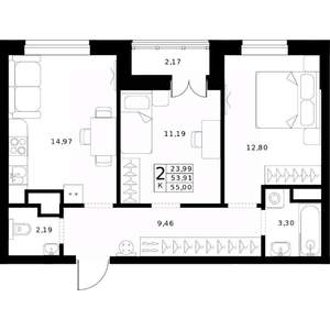 2-к квартира, вторичка, 55м2, 14/24 этаж