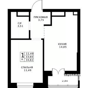 1-к квартира, строящийся дом, 35м2, 22/24 этаж