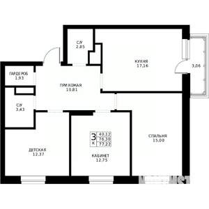 3-к квартира, строящийся дом, 77м2, 22/24 этаж