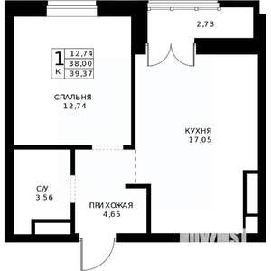 1-к квартира, строящийся дом, 39м2, 22/24 этаж