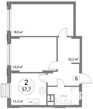 2-к квартира, сданный дом, 58м2, 2/22 этаж
