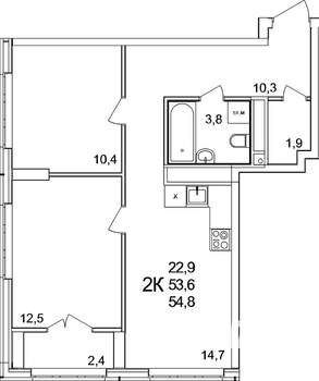 2-к квартира, вторичка, 55м2, 22/25 этаж