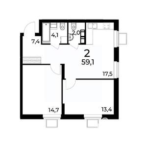 2-к квартира, вторичка, 59м2, 12/15 этаж