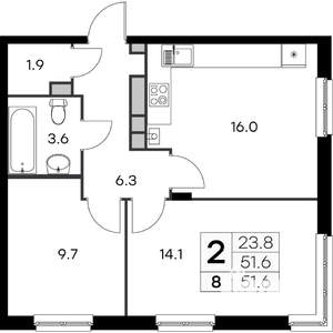 2-к квартира, вторичка, 52м2, 1/4 этаж