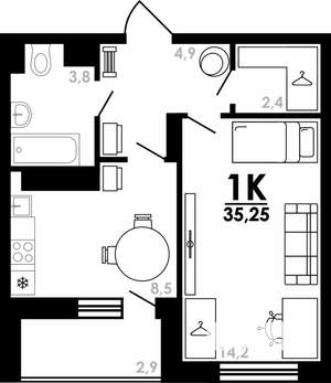 1-к квартира, вторичка, 35м2, 17/25 этаж