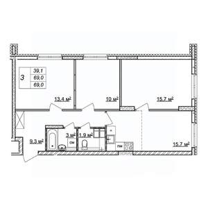 3-к квартира, строящийся дом, 69м2, 3/25 этаж