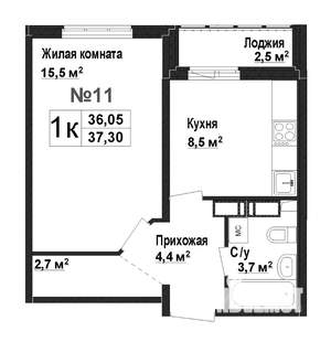 1-к квартира, вторичка, 36м2, 1/17 этаж