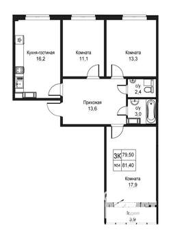3-к квартира, вторичка, 79м2, 2/10 этаж