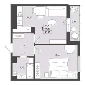 1-к квартира, вторичка, 46м2, 10/10 этаж