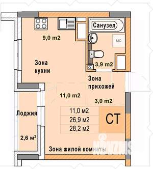 Студия квартира, вторичка, 28м2, 12/25 этаж