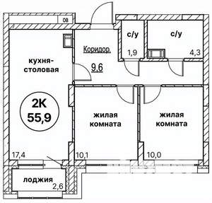 2-к квартира, вторичка, 56м2, 10/13 этаж