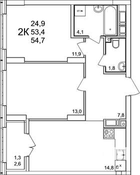 2-к квартира, вторичка, 55м2, 14/25 этаж